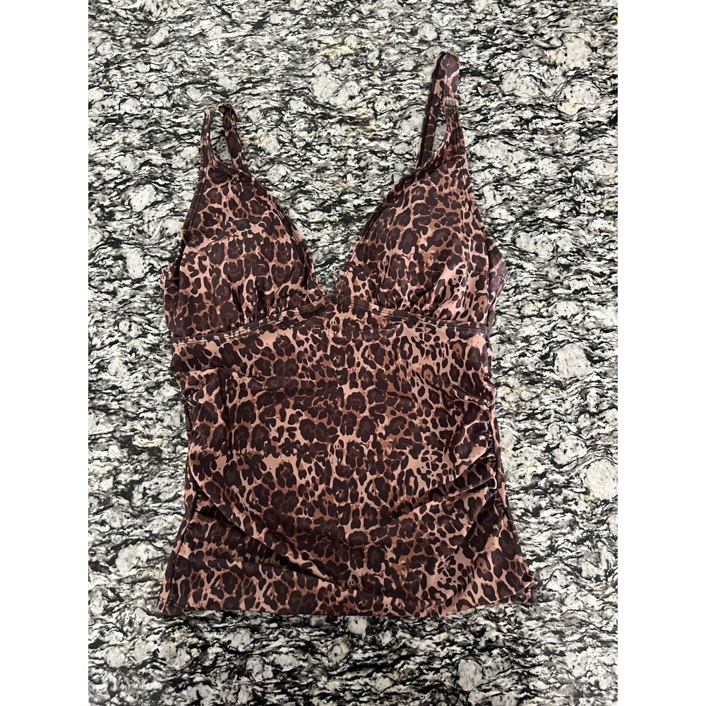 Simply Fit Leopard Print Tankini Swimsuit Set V-Neck Top & Skirt Bottom Brown M